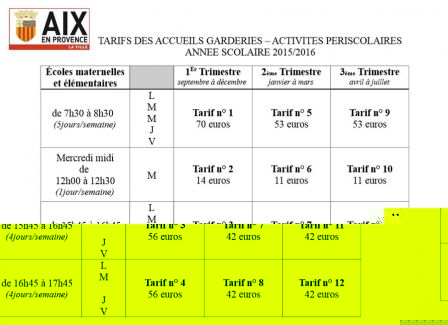 Tarifs des garderies 2015 Aix-en-Provence