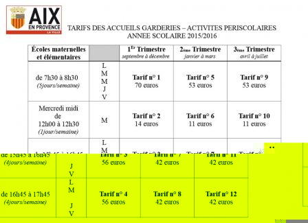 Tarifs des garderies 2015 Aix-en-Provence